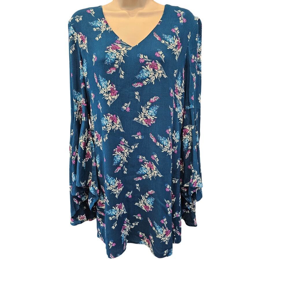 WAYF Dress Bell Sleeve Floral Gauzy Mini teal XS Nordstrom career casual boho